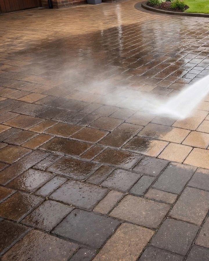 Freshly jet-washed block-paving driveway, clean and bright
