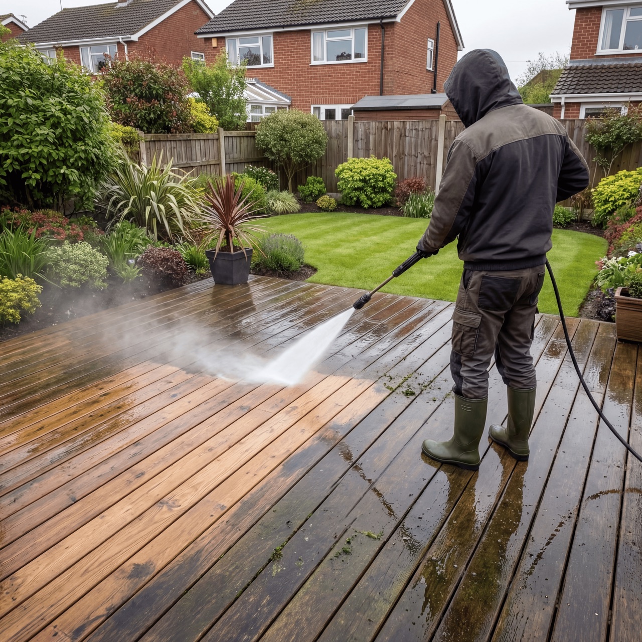 WNJetWashing cleaning a timber garden deck, water spray lifting grime to reveal clean wood