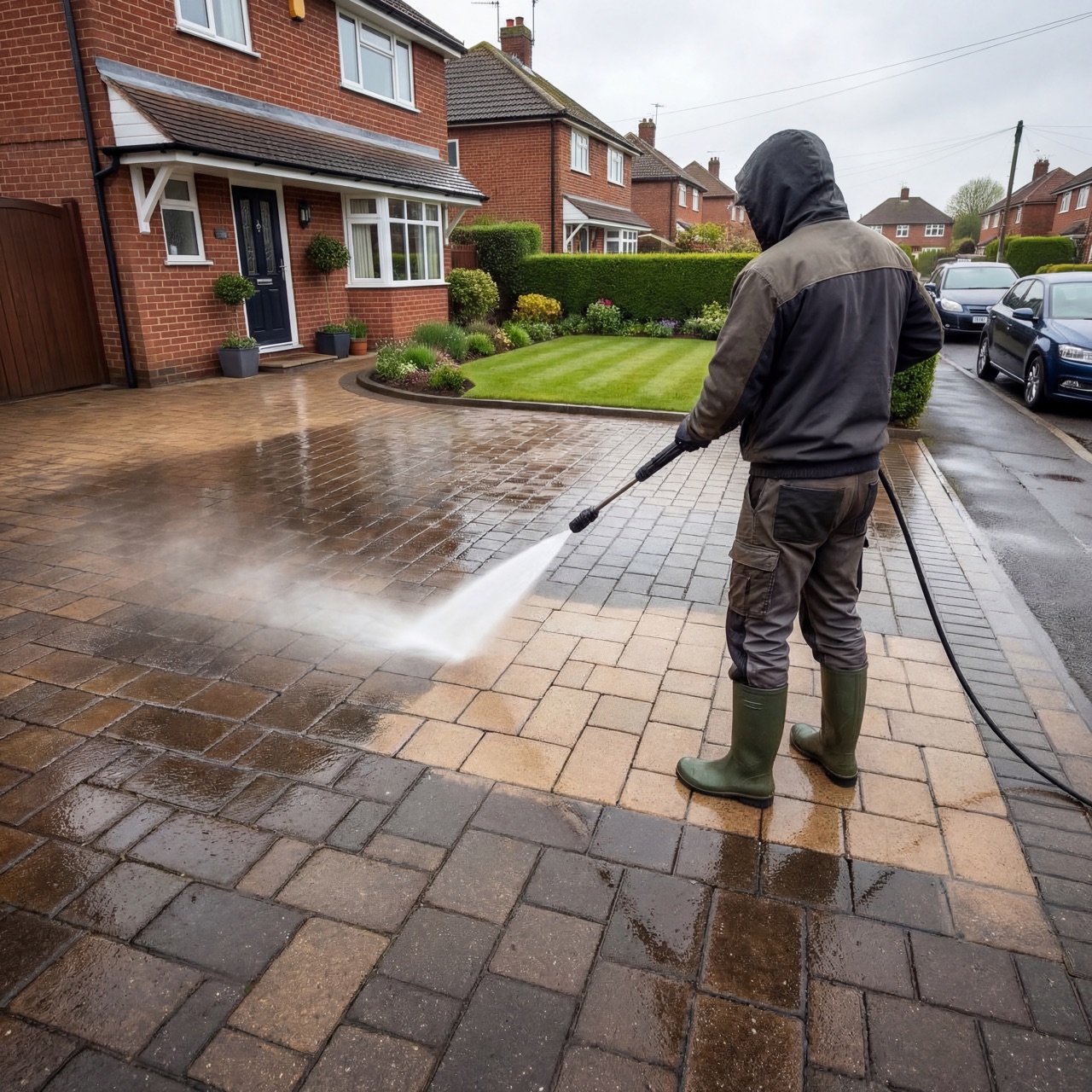 WNJetWashing jet washing a block-paved driveway, a bright clean line appearing across the bricks