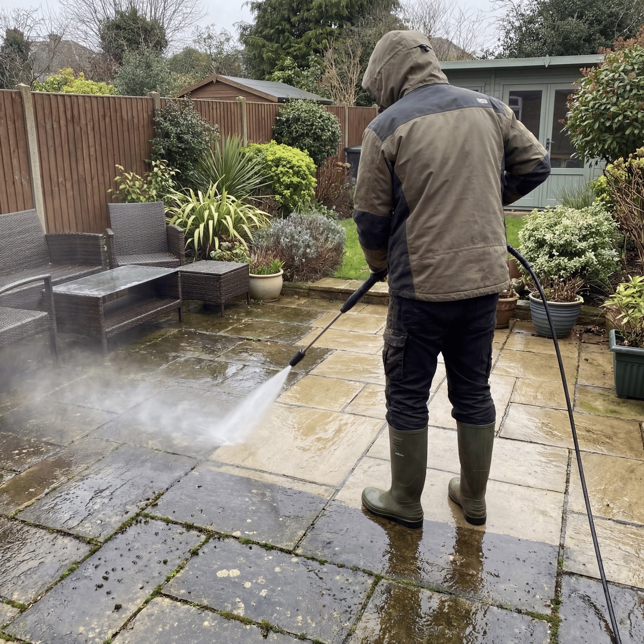 WNJetWashing pressure washing a sandstone patio, a clean strip emerging beside the dirty stone